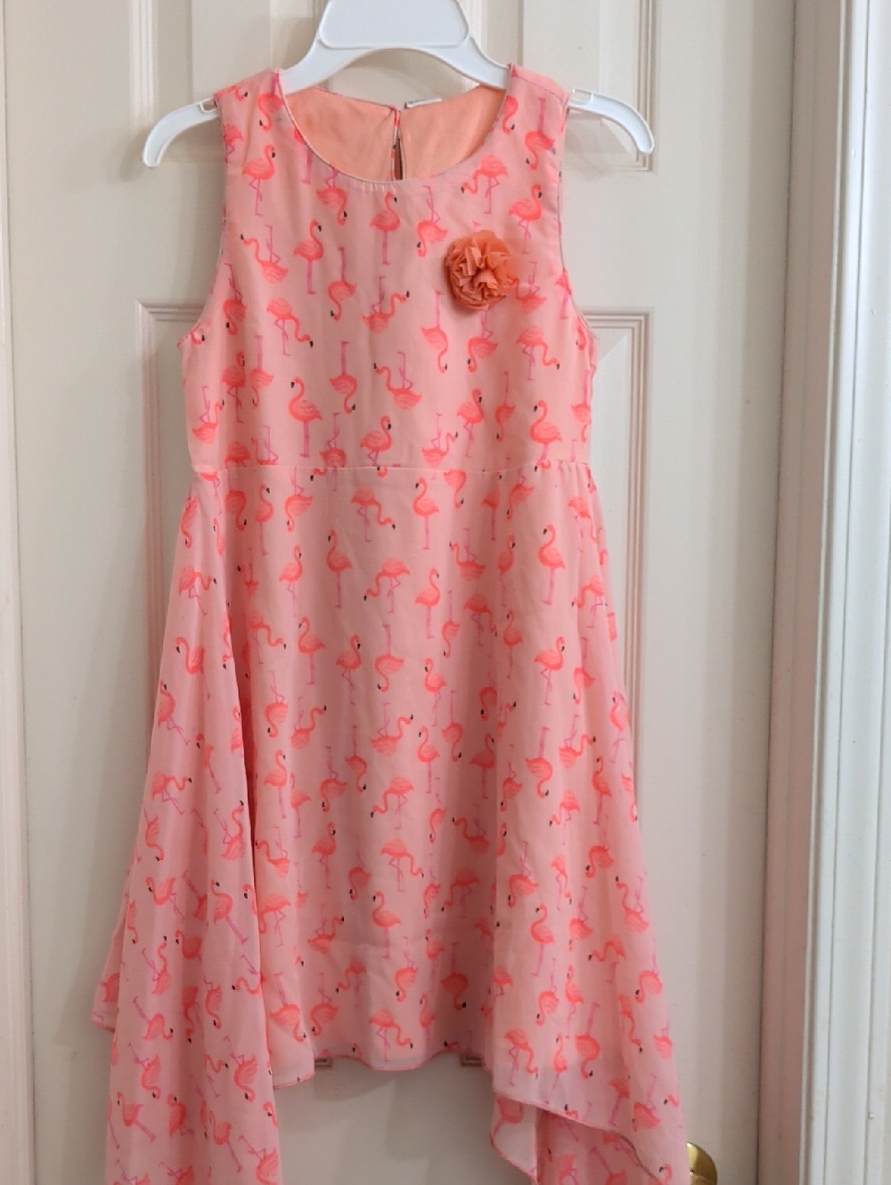 Girls Sleeveless Pink Flamingo High-Low Dress with Flower Accent